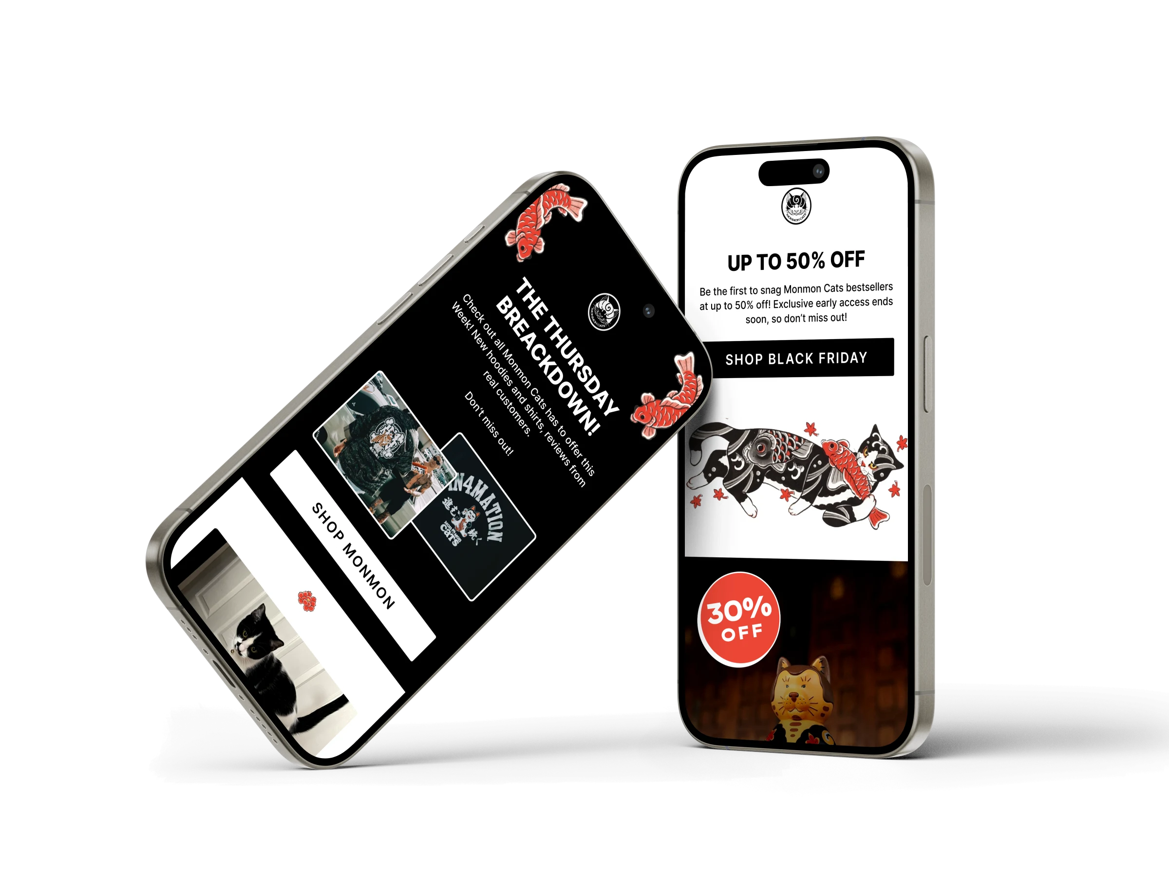 Monmon Cats emails displayed on two mobile phones