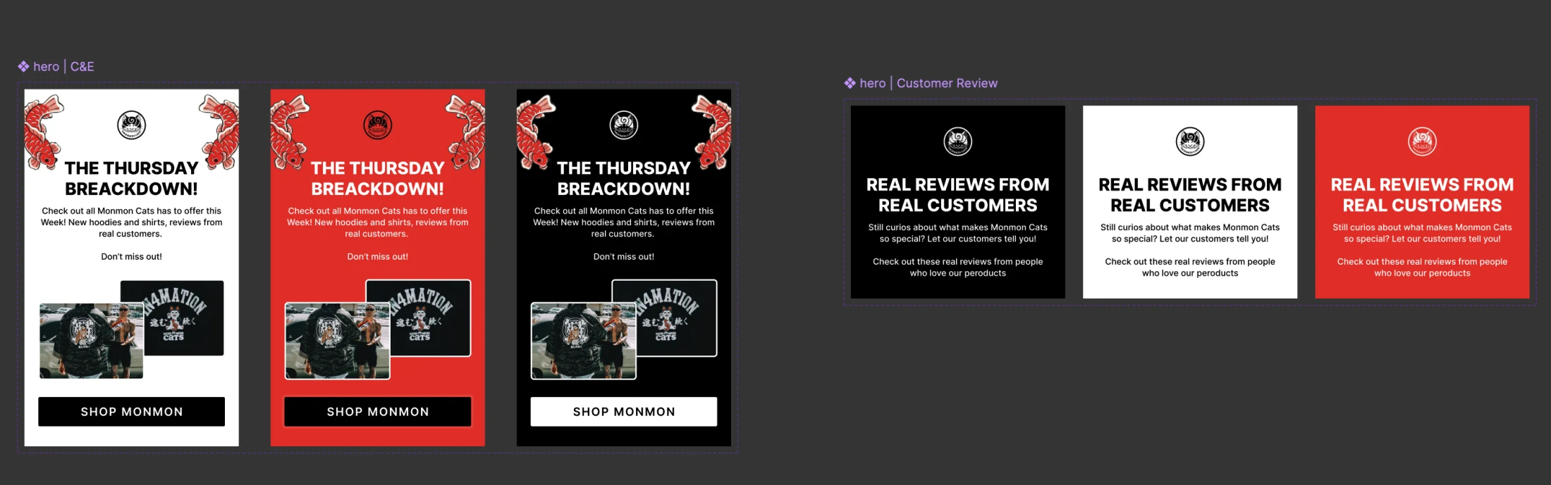 Monmon Cats reusable email hero and customer review variations