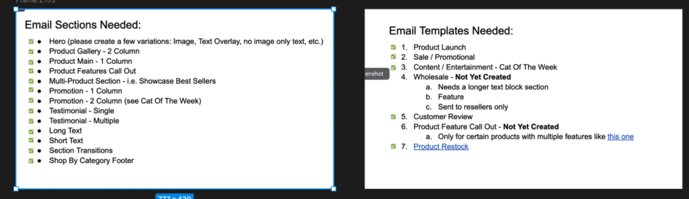 List of required Monmon Cats email sections and templates