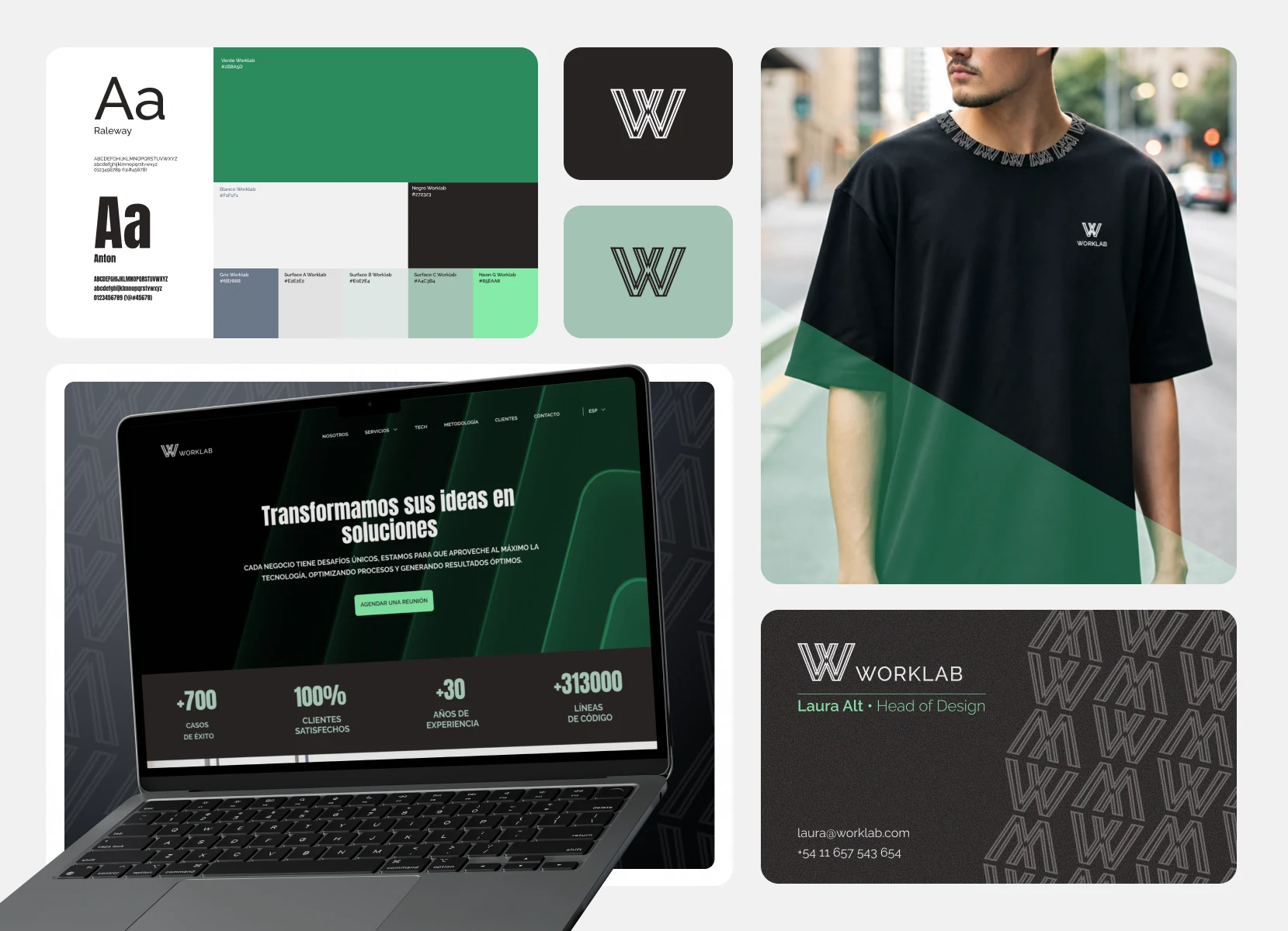 Worklab brand system with typography, color palette, logos, apparel, website and business card applications