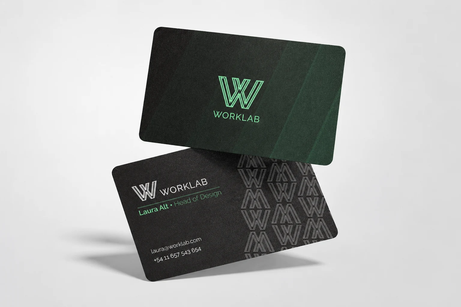 Worklab business card mockups with the redesigned logo and green brand palette
