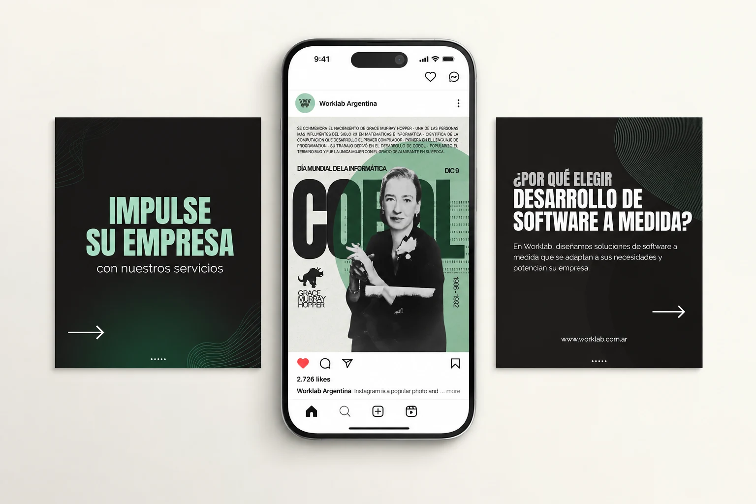 Worklab social media content system shown across campaign posts and an Instagram mobile mockup