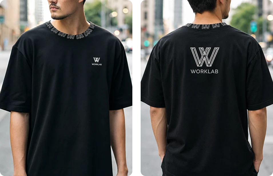 Worklab black T-shirt mockup showing front and back logo applications