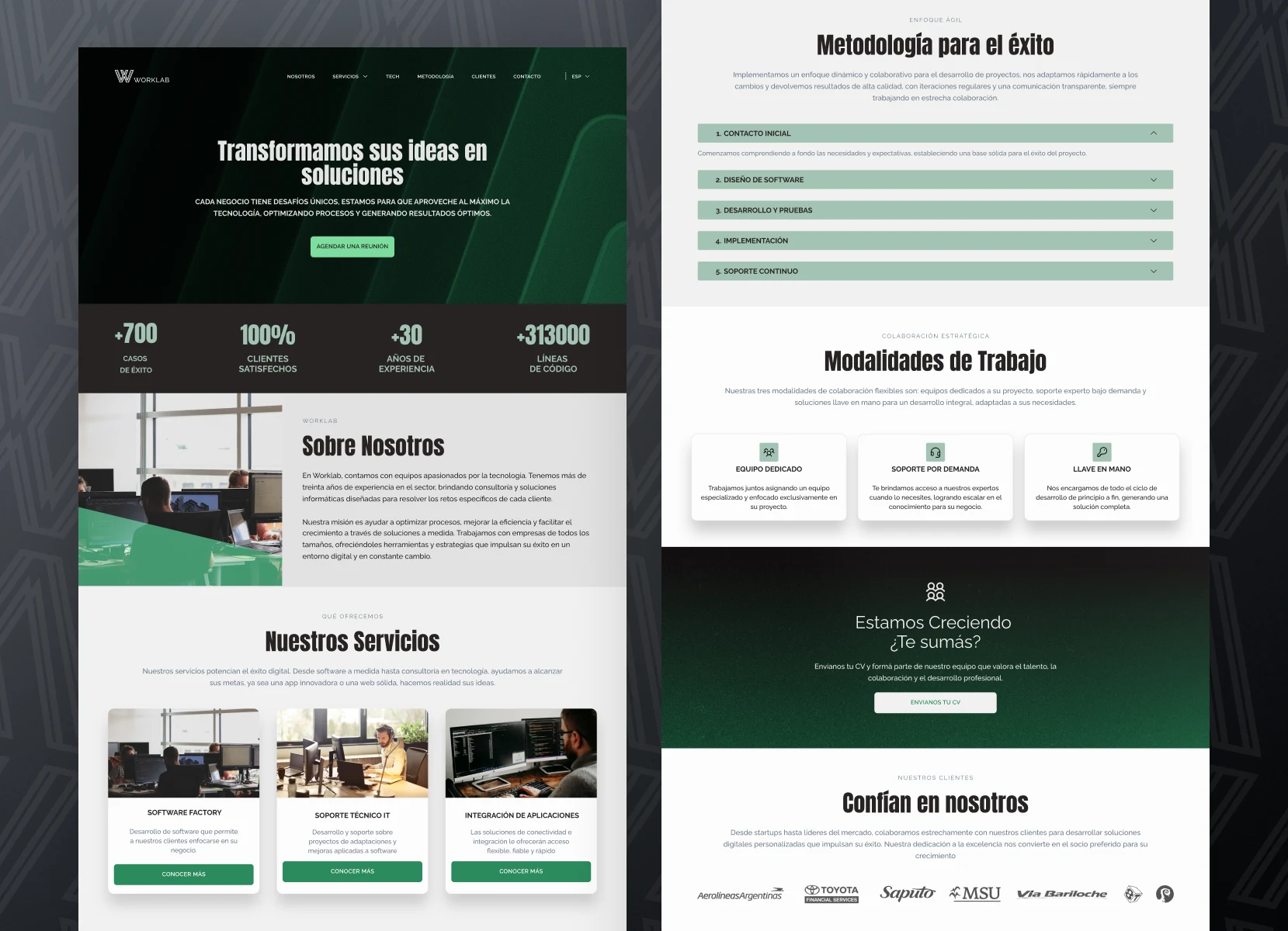Worklab website redesign showing the home page, methodology, work modalities and client trust sections
